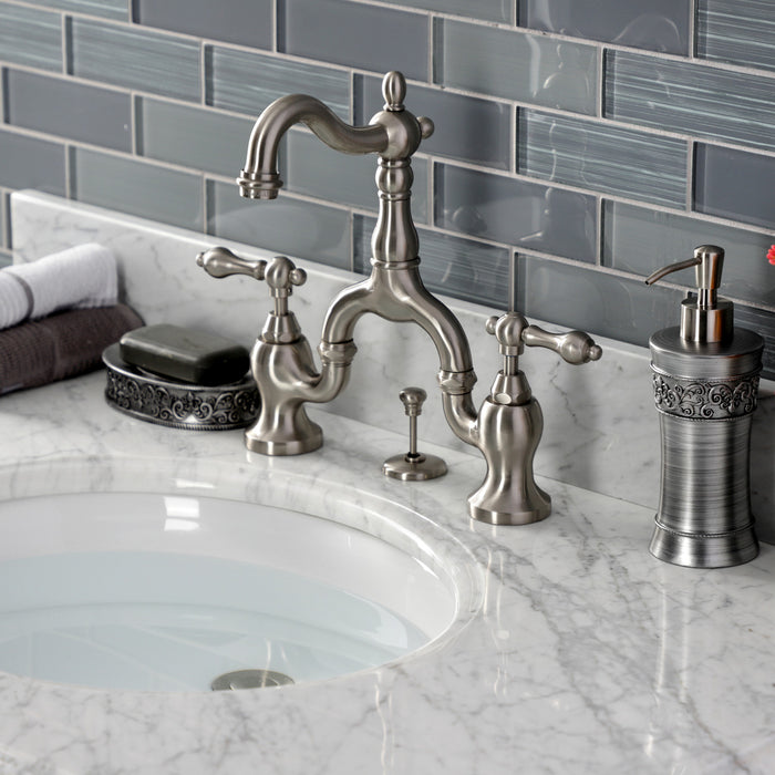 Kingston Heirloom KS7978AL - English Country Two-Handle 3-Hole Deck Mount Bridge Bathroom Faucet with Brass Pop-Up, Brushed Nickel
