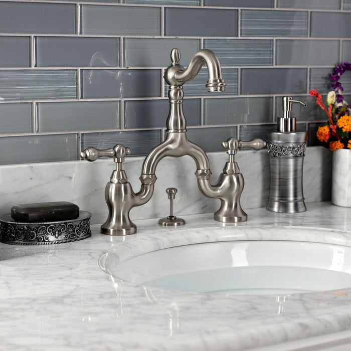 Kingston Heirloom KS7978AL - English Country Two-Handle 3-Hole Deck Mount Bridge Bathroom Faucet with Brass Pop-Up, Brushed Nickel