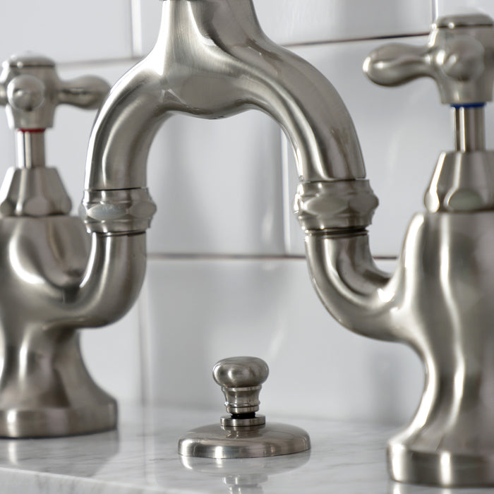 Kingston Heirloom KS7978AX - English Country Two-Handle 3-Hole Deck Mount Bridge Bathroom Faucet with Brass Pop-Up, Brushed Nickel