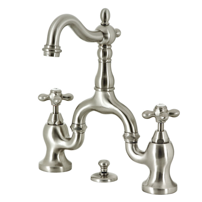 Kingston Heirloom KS7978AX - English Country Two-Handle 3-Hole Deck Mount Bridge Bathroom Faucet with Brass Pop-Up, Brushed Nickel