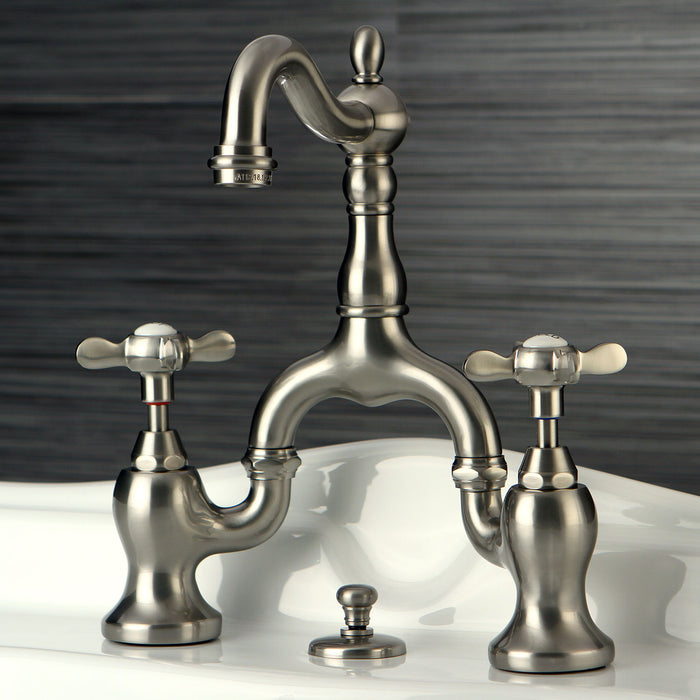 Kingston Heirloom KS7978BEX - Essex Two-Handle 3-Hole Deck Mount Bridge Bathroom Faucet with Brass Pop-Up, Brushed Nickel