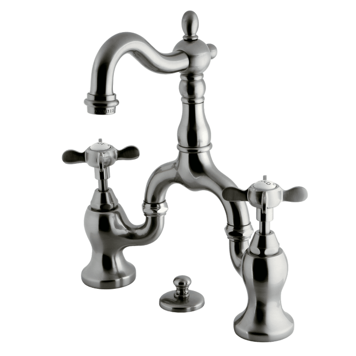 Kingston Heirloom KS7978BEX - Essex Two-Handle 3-Hole Deck Mount Bridge Bathroom Faucet with Brass Pop-Up, Brushed Nickel
