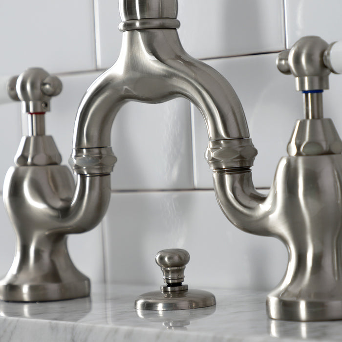 Kingston Heirloom KS7978PL - English Country Two-Handle 3-Hole Deck Mount Bridge Bathroom Faucet with Brass Pop-Up, Brushed Nickel