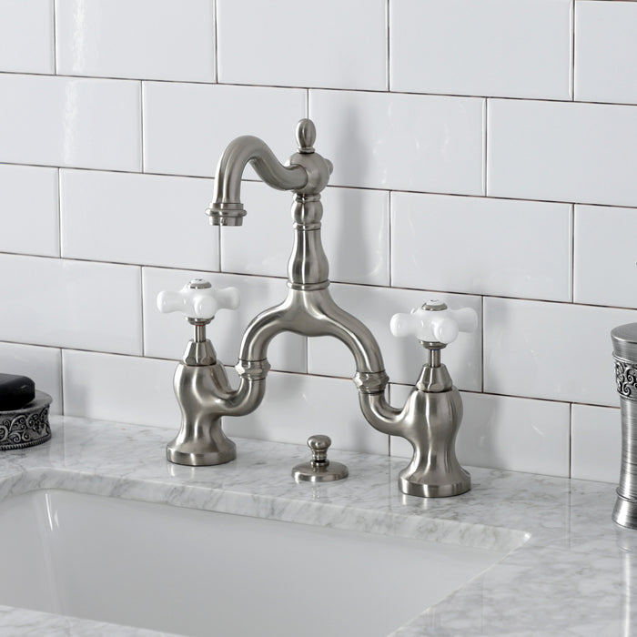Kingston Heirloom KS7978PX - English Country Two-Handle 3-Hole Deck Mount Bridge Bathroom Faucet with Brass Pop-Up, Brushed Nickel