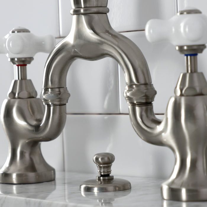 Kingston Heirloom KS7978PX - English Country Two-Handle 3-Hole Deck Mount Bridge Bathroom Faucet with Brass Pop-Up, Brushed Nickel