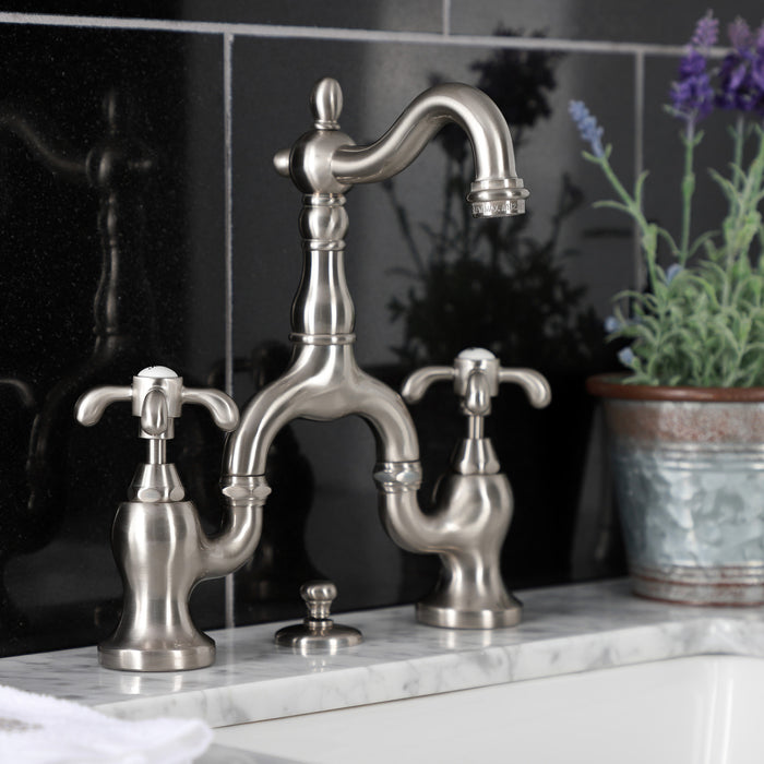 Kingston Heirloom KS7978TX - French Country Two-Handle 3-Hole Deck Mount Bridge Bathroom Faucet with Brass Pop-Up, Brushed Nickel