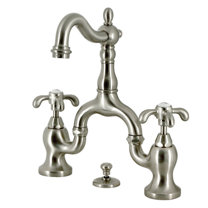 Kingston Heirloom KS7978TX - French Country Two-Handle 3-Hole Deck Mount Bridge Bathroom Faucet with Brass Pop-Up, Brushed Nickel