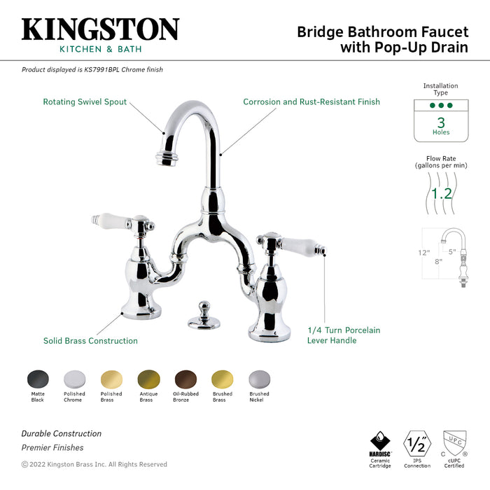 Kingston Heirloom KS7990BPL - Bel-Air Two-Handle 3-Hole Deck Mount Bridge Bathroom Faucet with Brass Pop-Up, Matte Black