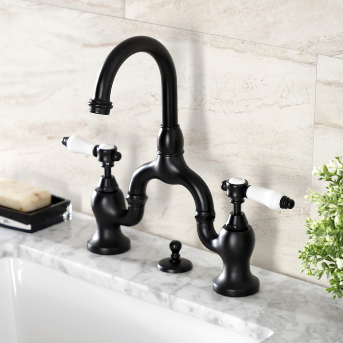 Kingston Heirloom KS7990BPL - Bel-Air Two-Handle 3-Hole Deck Mount Bridge Bathroom Faucet with Brass Pop-Up, Matte Black