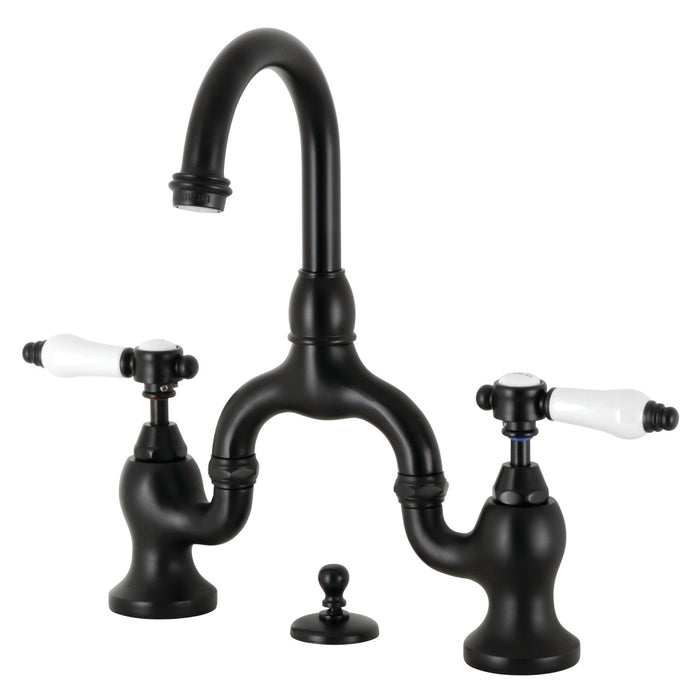 Kingston Heirloom KS7990BPL - Bel-Air Two-Handle 3-Hole Deck Mount Bridge Bathroom Faucet with Brass Pop-Up, Matte Black