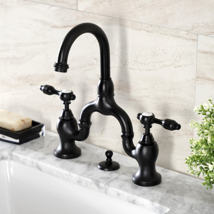 Kingston Heirloom KS7990TAL - Tudor Two-Handle 3-Hole Deck Mount Bridge Bathroom Faucet with Brass Pop-Up, Matte Black