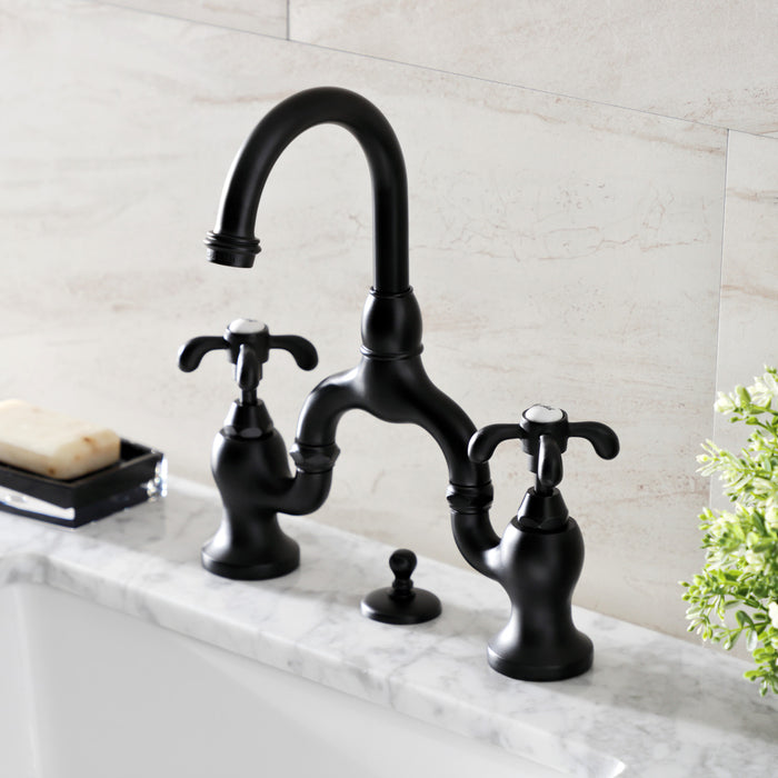 Kingston Heirloom KS7990TX - French Country Two-Handle 3-Hole Deck Mount Bridge Bathroom Faucet with Brass Pop-Up, Matte Black