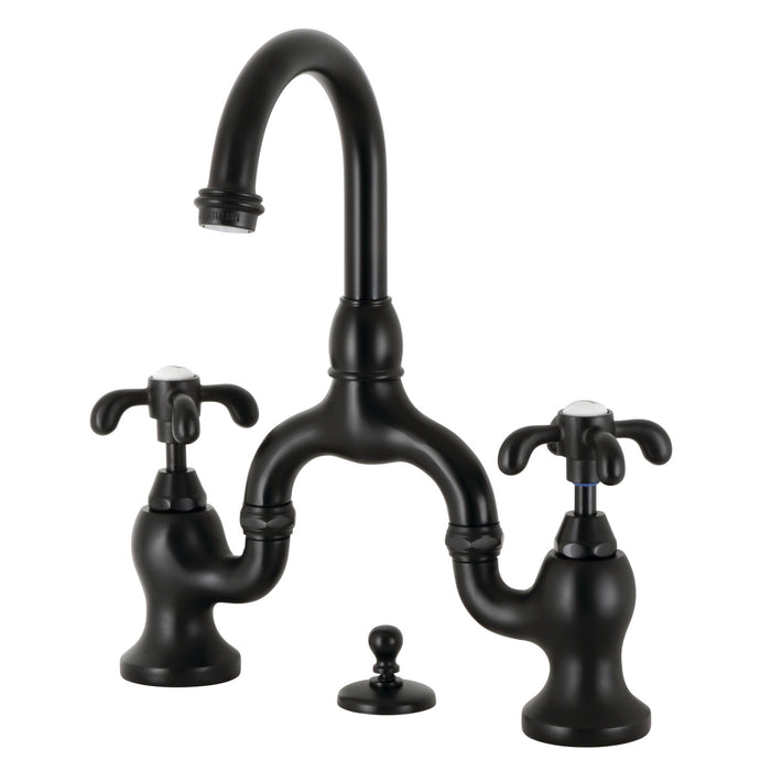 Kingston Heirloom KS7990TX - French Country Two-Handle 3-Hole Deck Mount Bridge Bathroom Faucet with Brass Pop-Up, Matte Black