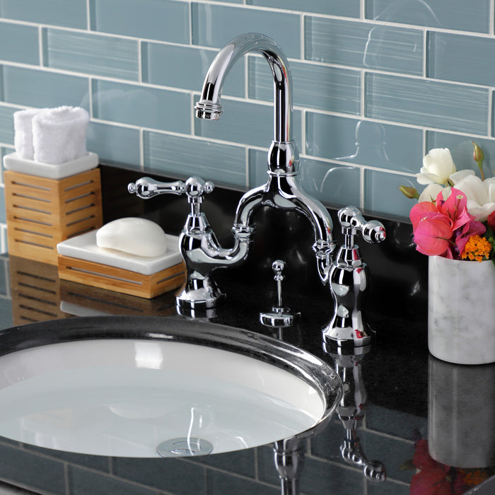 Kingston Heirloom KS7991AL - English Country Two-Handle 3-Hole Deck Mount Bridge Bathroom Faucet with Brass Pop-Up, Polished Chrome