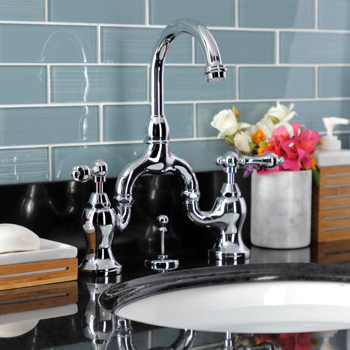 Kingston Heirloom KS7991AL - English Country Two-Handle 3-Hole Deck Mount Bridge Bathroom Faucet with Brass Pop-Up, Polished Chrome