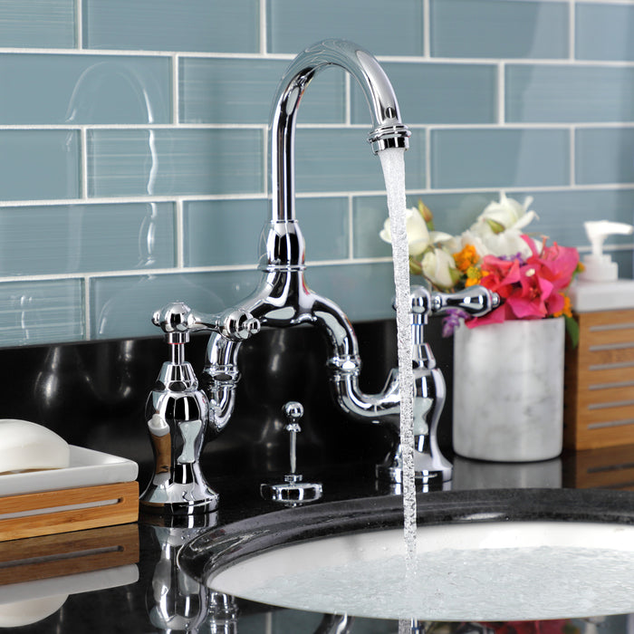 Kingston Heirloom KS7991AL - English Country Two-Handle 3-Hole Deck Mount Bridge Bathroom Faucet with Brass Pop-Up, Polished Chrome