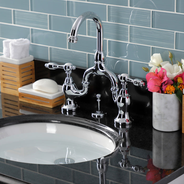 Kingston Heirloom KS7991TAL - Tudor Two-Handle 3-Hole Deck Mount Bridge Bathroom Faucet with Brass Pop-Up, Polished Chrome