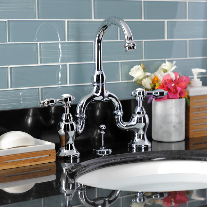 Kingston Heirloom KS7991TAL - Tudor Two-Handle 3-Hole Deck Mount Bridge Bathroom Faucet with Brass Pop-Up, Polished Chrome