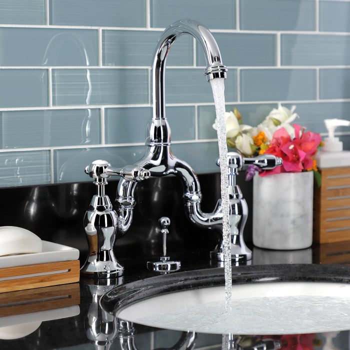 Kingston Heirloom KS7991TAL - Tudor Two-Handle 3-Hole Deck Mount Bridge Bathroom Faucet with Brass Pop-Up, Polished Chrome