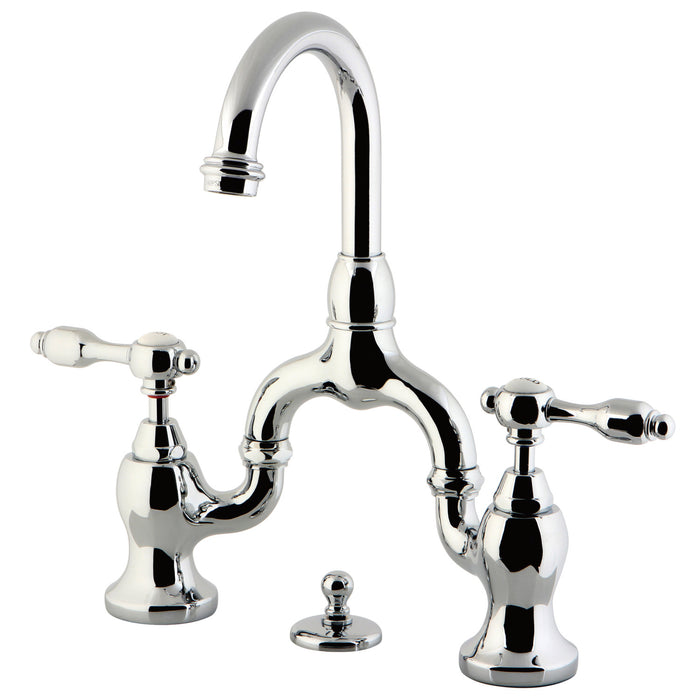 Kingston Heirloom KS7991TAL - Tudor Two-Handle 3-Hole Deck Mount Bridge Bathroom Faucet with Brass Pop-Up, Polished Chrome