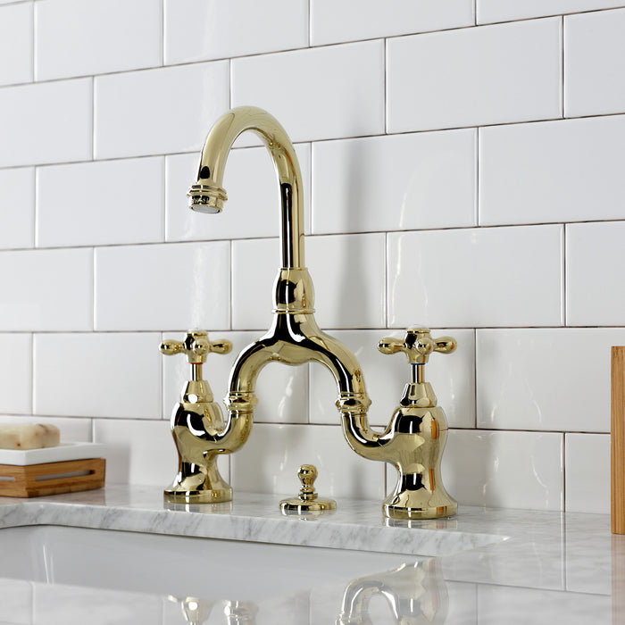 Kingston Heirloom KS7992AX - English Country Two-Handle 3-Hole Deck Mount Bridge Bathroom Faucet with Brass Pop-Up, Polished Brass