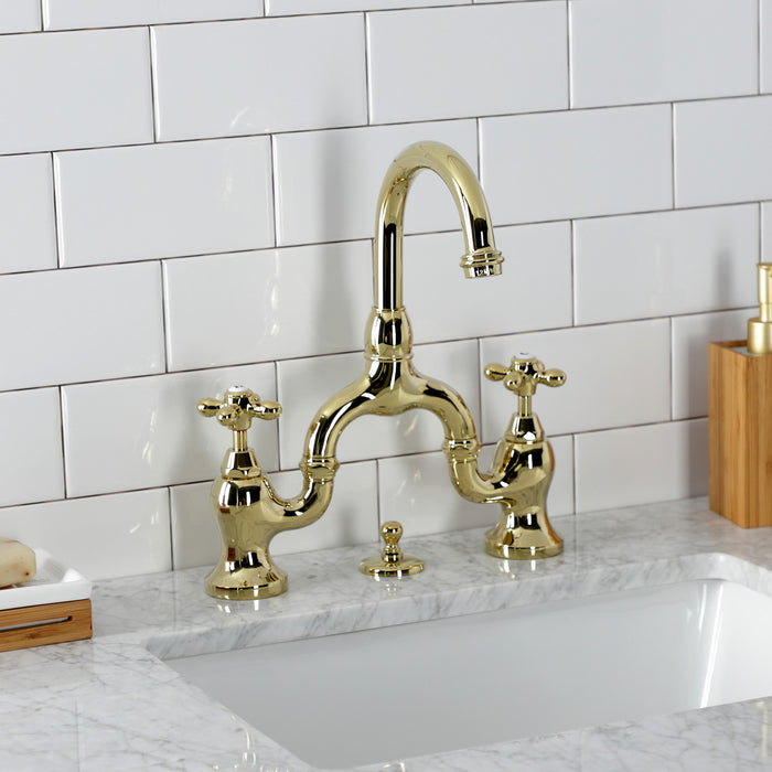 Kingston Heirloom KS7992AX - English Country Two-Handle 3-Hole Deck Mount Bridge Bathroom Faucet with Brass Pop-Up, Polished Brass