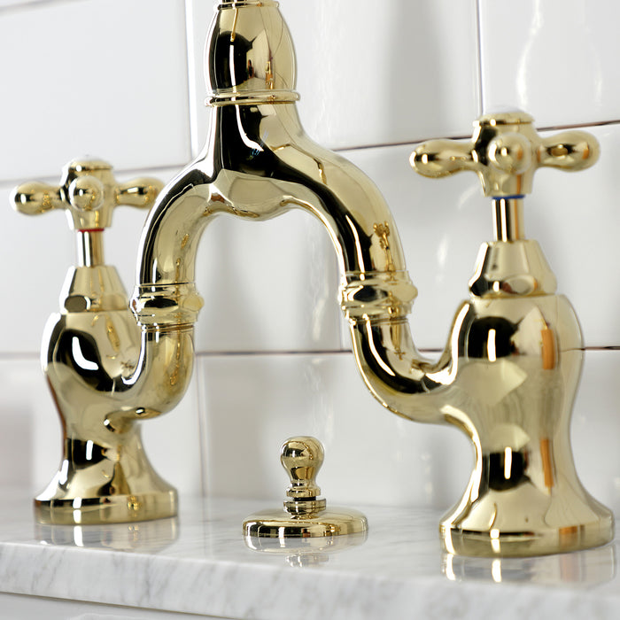 Kingston Heirloom KS7992AX - English Country Two-Handle 3-Hole Deck Mount Bridge Bathroom Faucet with Brass Pop-Up, Polished Brass