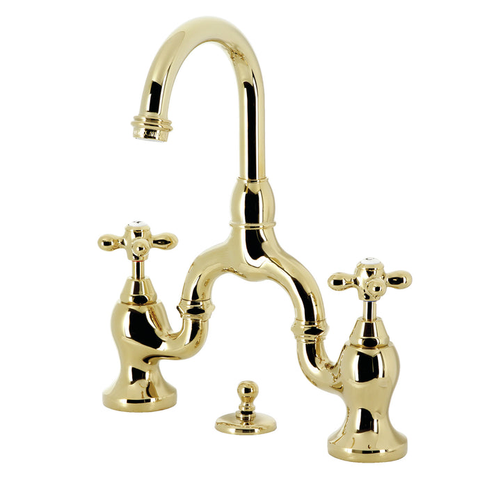 Kingston Heirloom KS7992AX - English Country Two-Handle 3-Hole Deck Mount Bridge Bathroom Faucet with Brass Pop-Up, Polished Brass