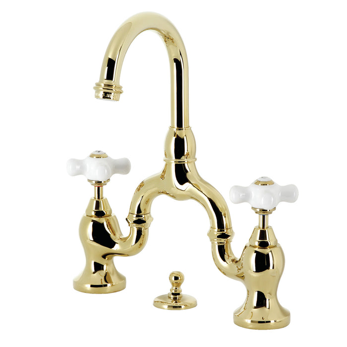 Kingston Heirloom KS7992PX - English Country Two-Handle 3-Hole Deck Mount Bridge Bathroom Faucet with Brass Pop-Up, Polished Brass