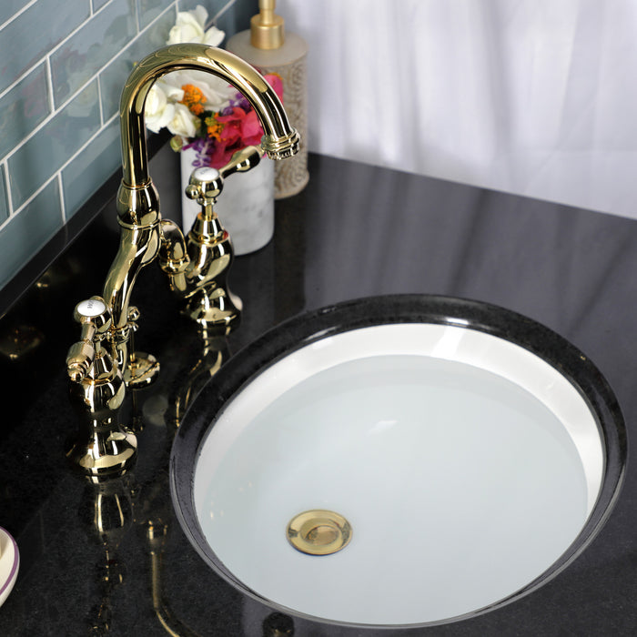 Tudor KS7992TAL Two-Handle 3-Hole Deck Mount Bridge Bathroom Faucet with Brass Pop-Up, Polished Brass