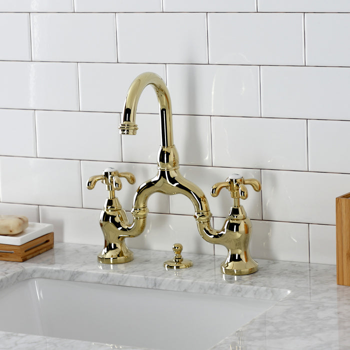 Kingston Heirloom KS7992TX - French Country Two-Handle 3-Hole Deck Mount Bridge Bathroom Faucet with Brass Pop-Up, Polished Brass