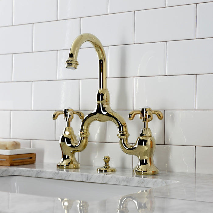 Kingston Heirloom KS7992TX - French Country Two-Handle 3-Hole Deck Mount Bridge Bathroom Faucet with Brass Pop-Up, Polished Brass