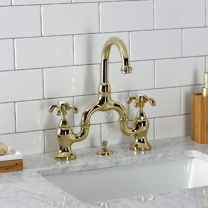 Kingston Heirloom KS7992TX - French Country Two-Handle 3-Hole Deck Mount Bridge Bathroom Faucet with Brass Pop-Up, Polished Brass