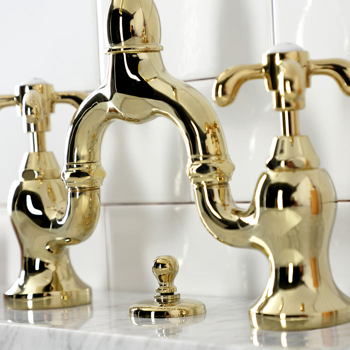 Kingston Heirloom KS7992TX - French Country Two-Handle 3-Hole Deck Mount Bridge Bathroom Faucet with Brass Pop-Up, Polished Brass