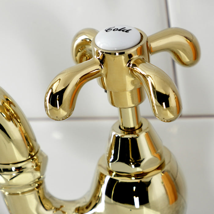 Kingston Heirloom KS7992TX - French Country Two-Handle 3-Hole Deck Mount Bridge Bathroom Faucet with Brass Pop-Up, Polished Brass