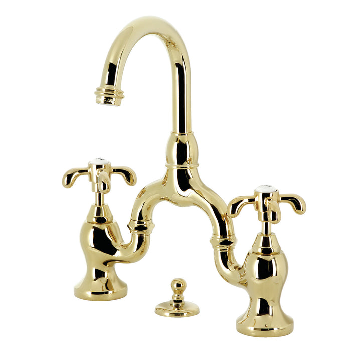 Kingston Heirloom KS7992TX - French Country Two-Handle 3-Hole Deck Mount Bridge Bathroom Faucet with Brass Pop-Up, Polished Brass