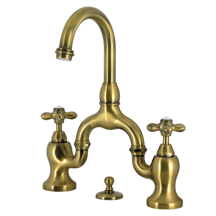 Kingston Heirloom KS7993AX - English Country Two-Handle 3-Hole Deck Mount Bridge Bathroom Faucet with Brass Pop-Up, Antique Brass