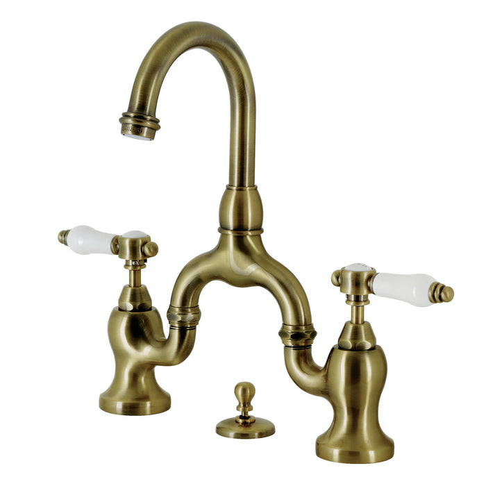 Kingston Heirloom KS7993BPL - Bel-Air Two-Handle 3-Hole Deck Mount Bridge Bathroom Faucet with Brass Pop-Up, Antique Brass
