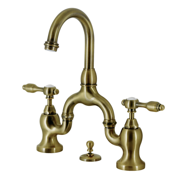 Kingston Heirloom KS7993TAL - Tudor Two-Handle 3-Hole Deck Mount Bridge Bathroom Faucet with Brass Pop-Up, Antique Brass