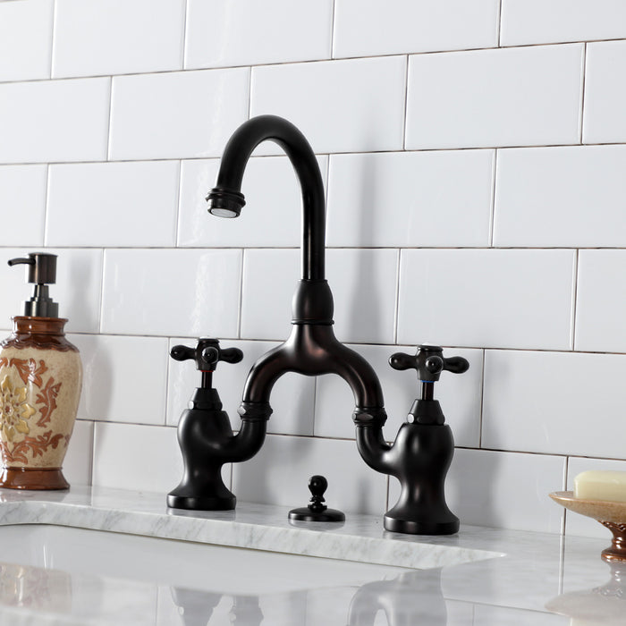 Kingston Heirloom KS7995AX - English Country Two-Handle 3-Hole Deck Mount Bridge Bathroom Faucet with Brass Pop-Up, Oil Rubbed Bronze