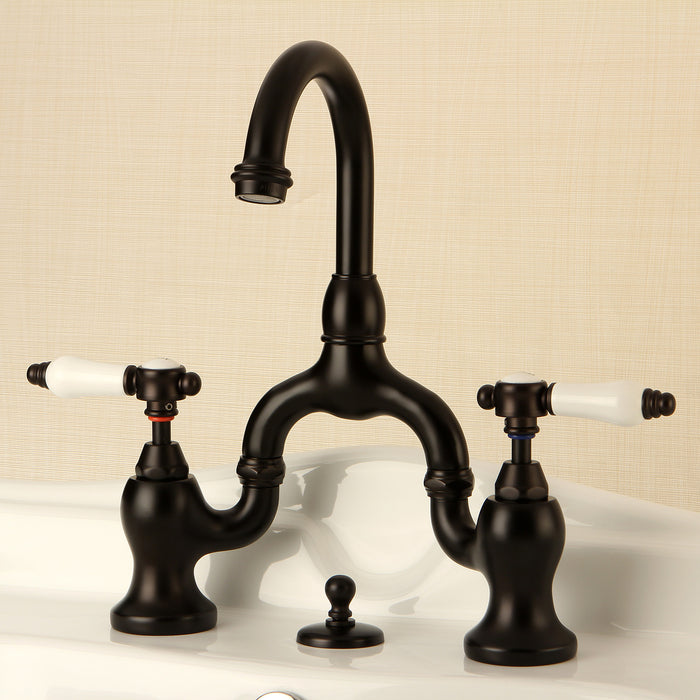 Kingston Heirloom KS7995BPL - Bel-Air Two-Handle 3-Hole Deck Mount Bridge Bathroom Faucet with Brass Pop-Up, Oil Rubbed Bronze