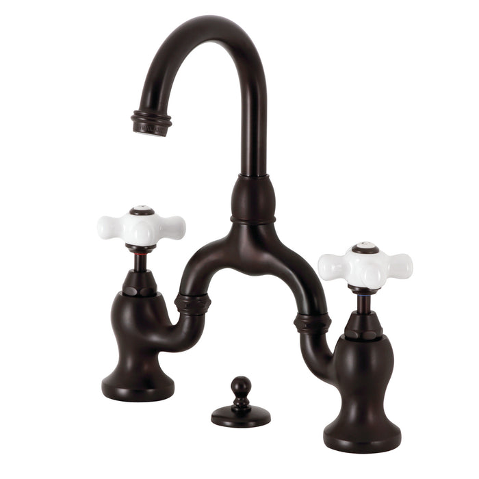 Kingston Heirloom KS7995PX - English Country Two-Handle 3-Hole Deck Mount Bridge Bathroom Faucet with Brass Pop-Up, Oil Rubbed Bronze