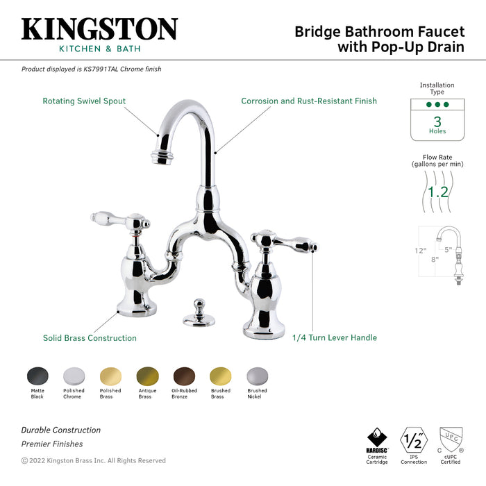 Kingston Heirloom KS7995TAL - Tudor Two-Handle 3-Hole Deck Mount Bridge Bathroom Faucet with Brass Pop-Up, Oil Rubbed Bronze