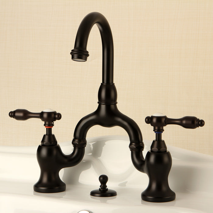 Kingston Heirloom KS7995TAL - Tudor Two-Handle 3-Hole Deck Mount Bridge Bathroom Faucet with Brass Pop-Up, Oil Rubbed Bronze