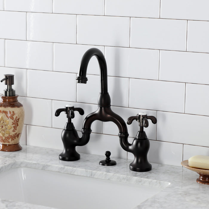 Kingston Heirloom KS7995TX - French Country Two-Handle 3-Hole Deck Mount Bridge Bathroom Faucet with Brass Pop-Up, Oil Rubbed Bronze