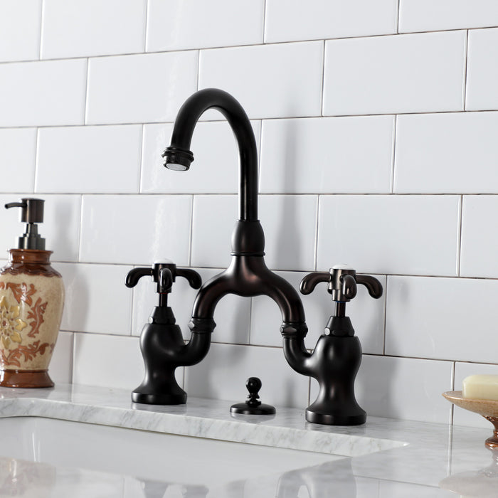 Kingston Heirloom KS7995TX - French Country Two-Handle 3-Hole Deck Mount Bridge Bathroom Faucet with Brass Pop-Up, Oil Rubbed Bronze