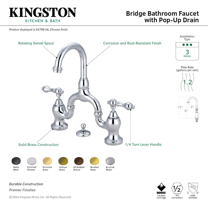 Kingston Heirloom KS7997AL - English Country Two-Handle 3-Hole Deck Mount Bridge Bathroom Faucet with Brass Pop-Up, Brushed Brass