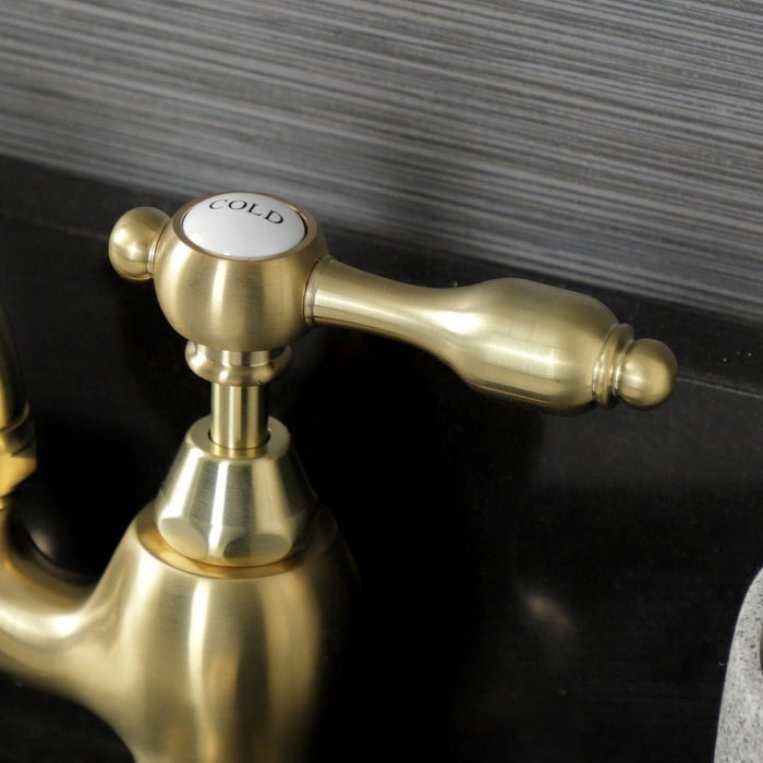 Kingston Heirloom KS7997TAL - Tudor Two-Handle 3-Hole Deck Mount Bridge Bathroom Faucet with Brass Pop-Up, Brushed Brass