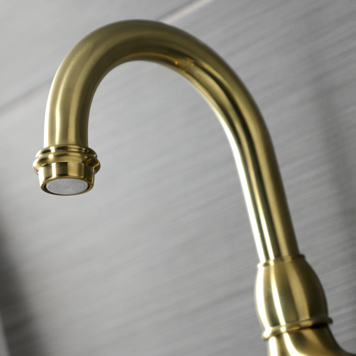 Kingston Heirloom KS7997TX - French Country Two-Handle 3-Hole Deck Mount Bridge Bathroom Faucet with Brass Pop-Up, Brushed Brass