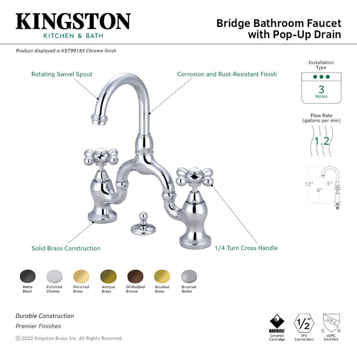 Kingston Heirloom KS7998AX - English Country Two-Handle 3-Hole Deck Mount Bridge Bathroom Faucet with Brass Pop-Up, Brushed Nickel